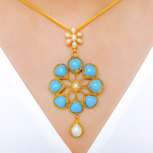 Vintage Turquoise Flower 22k Gold Pendant Set