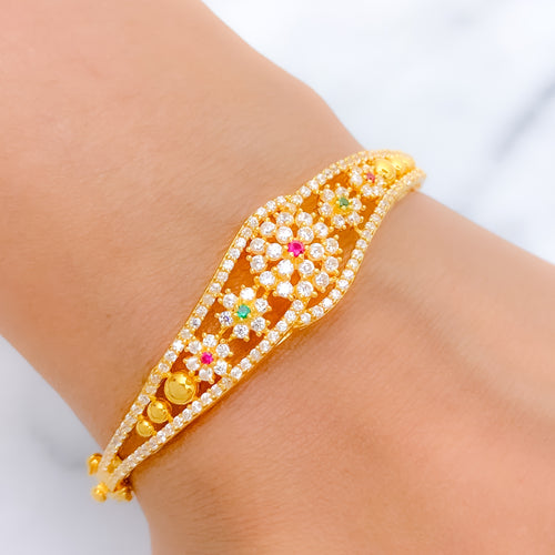 Elegant Pink + 22k Gold Green Floral CZ Bangle