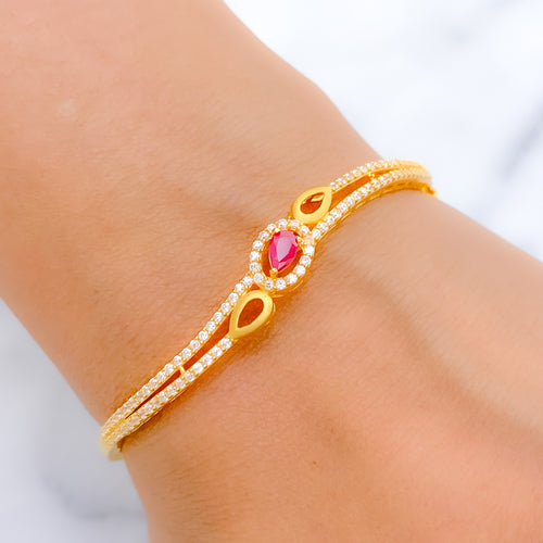 Delicate Curved Ruby + 22k Gold CZ Bangle