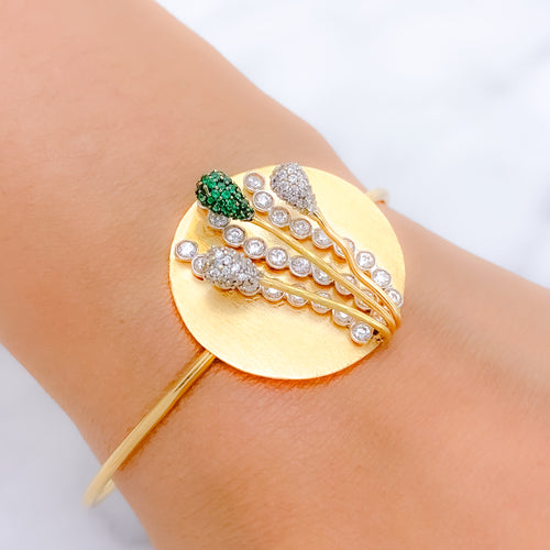 Modern CZ Floral Cuff 22k Gold Bangle Bracelet