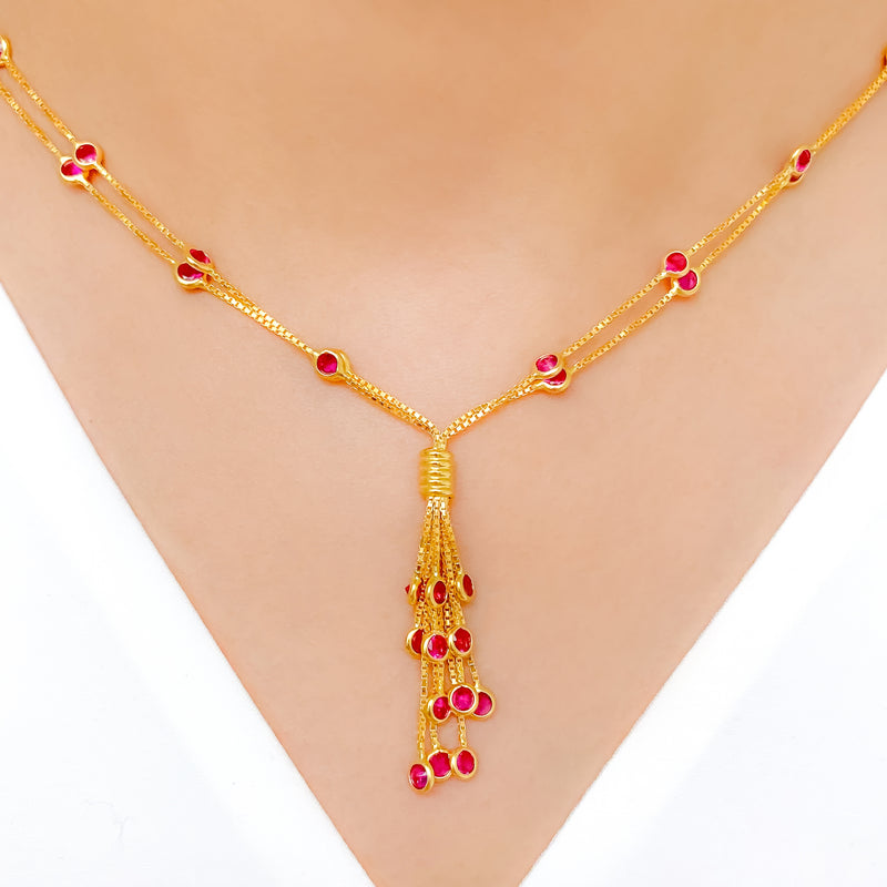 Fancy Two-Chain Pink CZ Drop 22k Gold Necklace Set w/ Bracelet