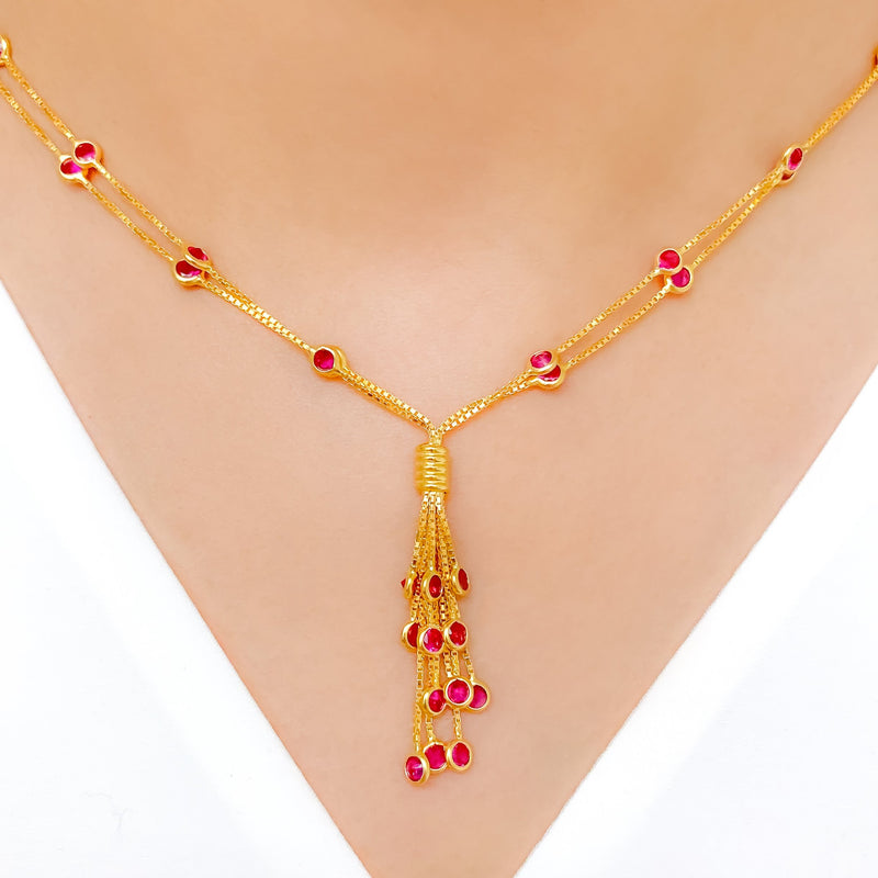 FANCY TWO-CHAIN PINK CZ DROP 22k Gold NECKLACE