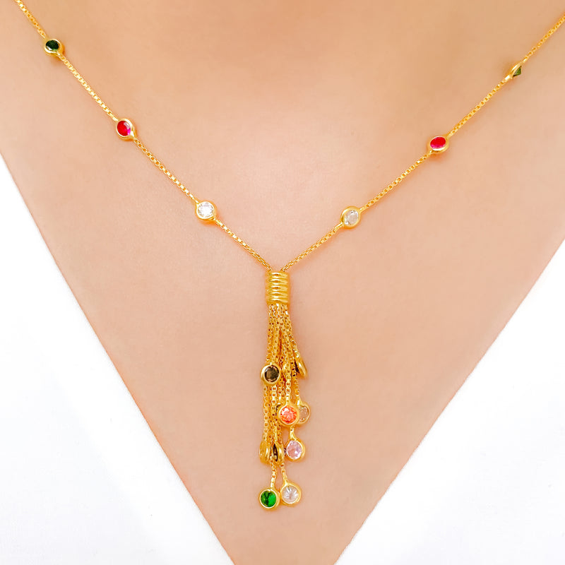 Elongated Multi -Color CZ Drop 22k Gold Necklace Set w/ Bracelet