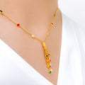 Elongated Multi -Color CZ Drop 22k Gold Necklace Set w/ Bracelet