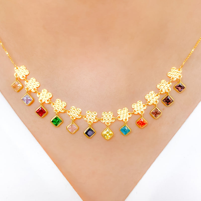 Multi-Color Floral Hanging CZ 22k Gold Necklace Set w/ Bracelet
