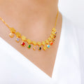 Multi-Color Floral Hanging CZ 22k Gold Necklace Set w/ Bracelet