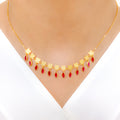 Flower Accented Deep Red CZ 22k Gold Necklace Set w/ Bracelet