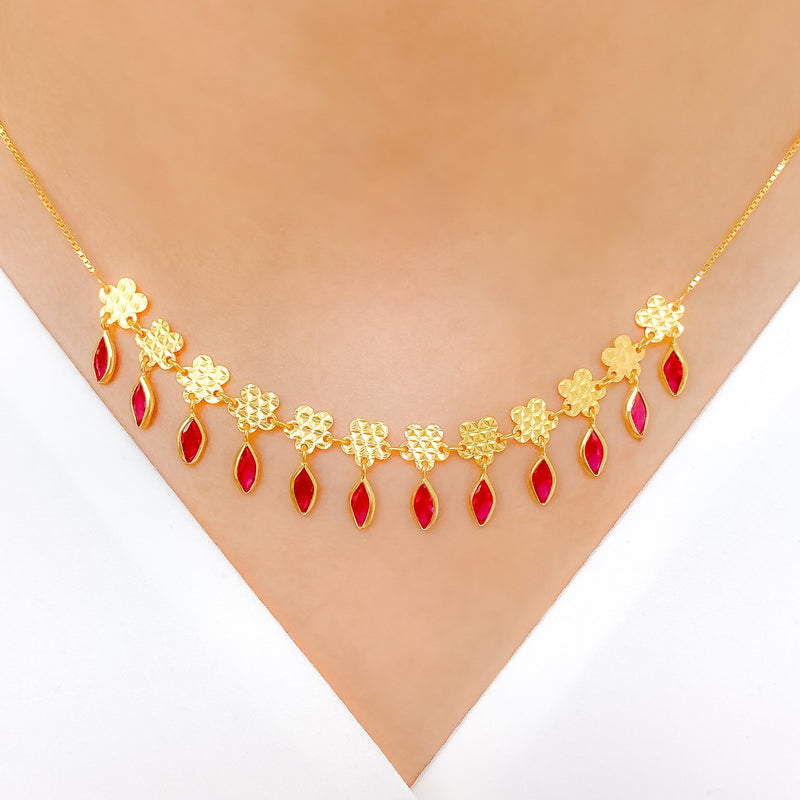 FLOWER ACCENTED DEEP RED CZ 22k Gold NECKLACE