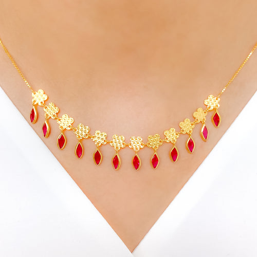 Flower Accented Deep Red CZ 22k Gold Necklace Set w/ Bracelet