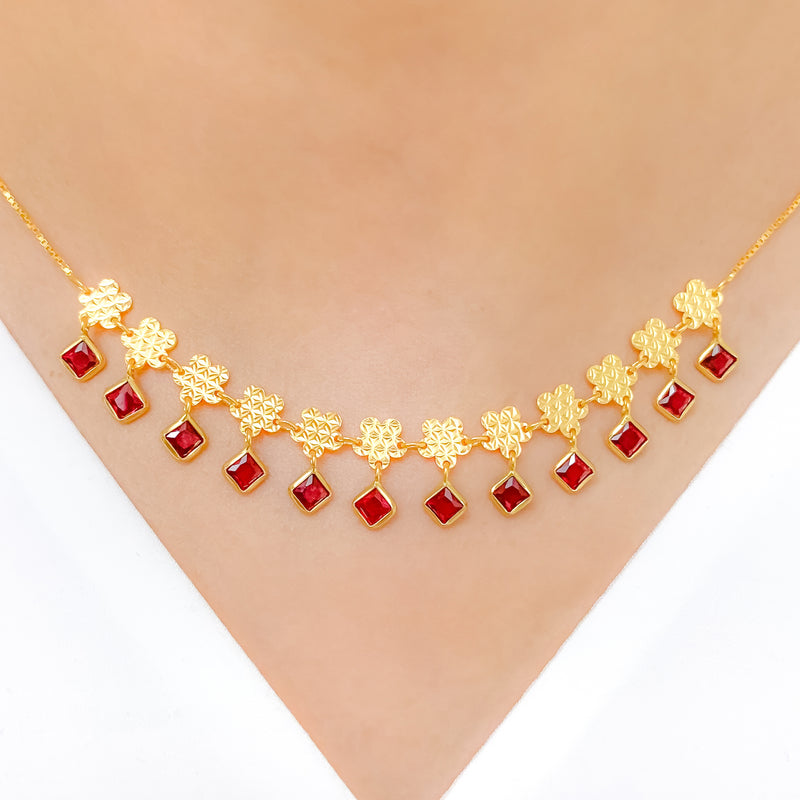 Clover Accented Red Charm Hanging 22k Gold Necklace
