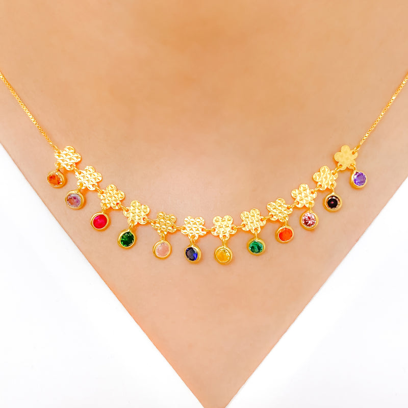 Dressy Multi-Colored Hanging Charm CZ 22k Gold Necklace