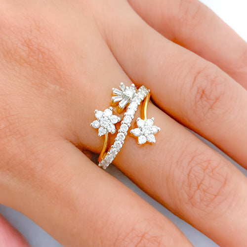 Classy Three Flower 18k Gold Diamond Ring