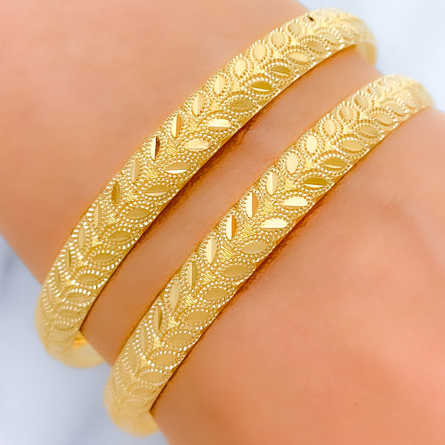 Reflective High Finish Leaf Adorned 22k Gold Bangles