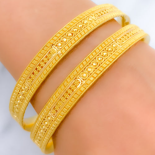 Upscale Radiant Flower-Lined 22k Gold Bangles