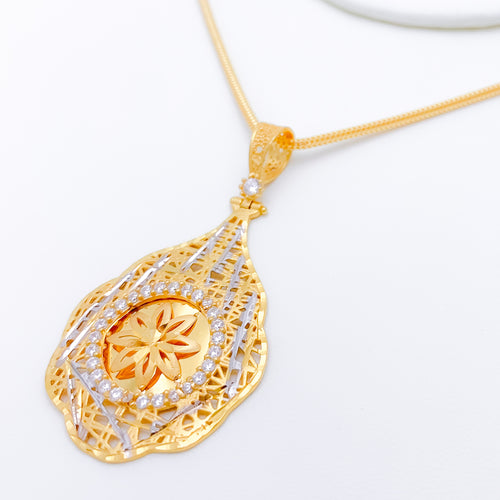 Modern Two-Tone Flower CZ 22k Gold Pendant