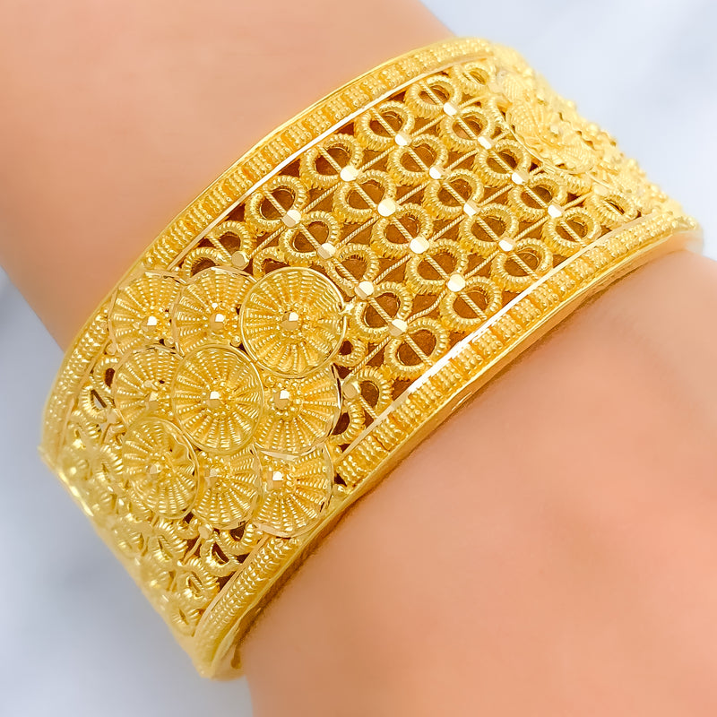 Regal Flower Adorned Gold 22k Gold Cuff