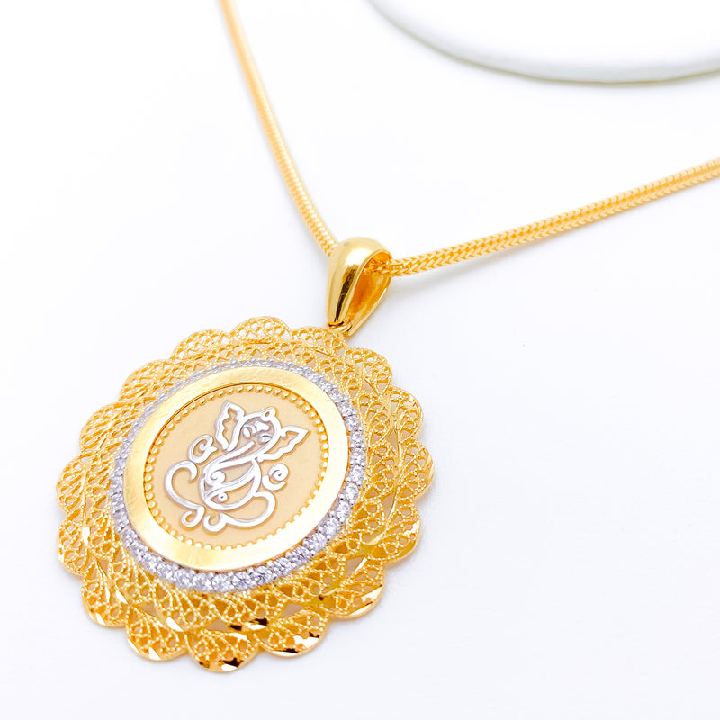 Round Reflective Petals Ganesha 22k Gold Pendant