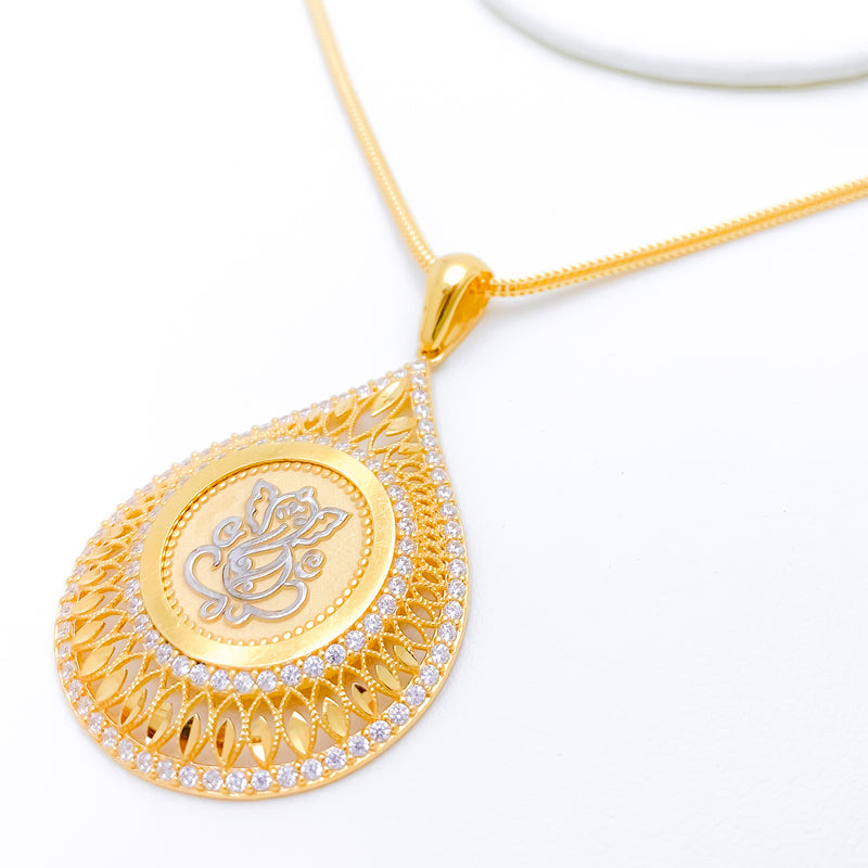 Gorgeous Gold Leaf + CZ Adorned Ganesha 22k Gold Pendant