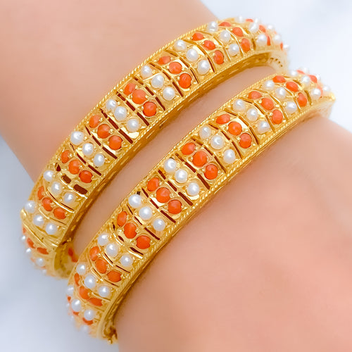 Festive Coral + White Pearl Bangles