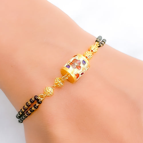 Floral Meenakari Black Bead 22k Gold Bracelet