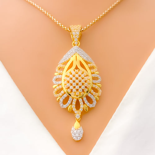 22k-gold-Sophisticated Two Tone Flower Drop CZ Pendant 