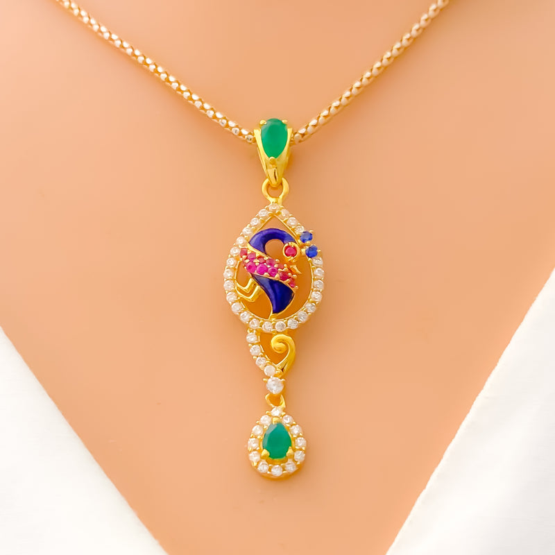 22k-gold-Dressy Dangling Peacock CZ Pendant 