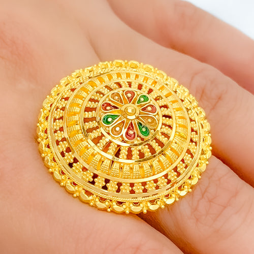 Decorative Dressy Enamel 22k Gold Flower Ring
