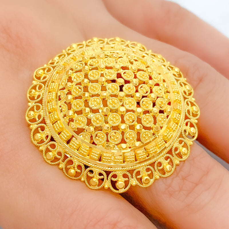 Intricate Radiant 22k Gold Round Beaded Ring