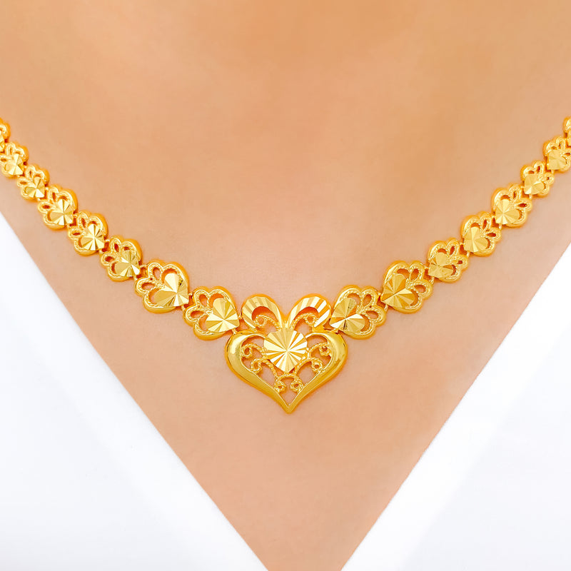 Fancy Shimmering Heart Link 22k Gold Necklace Set