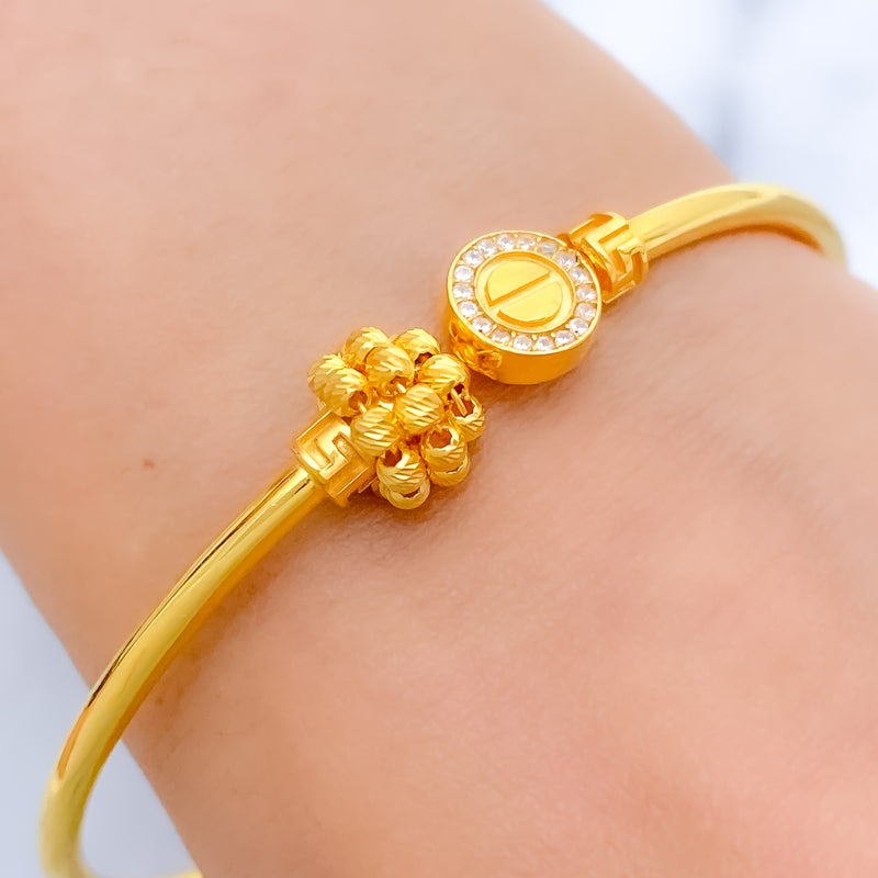 Upscale Beaded Flower 22k Gold Bangle Bracelet