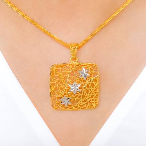 Unique Floral Square 22k Gold Pendant Set