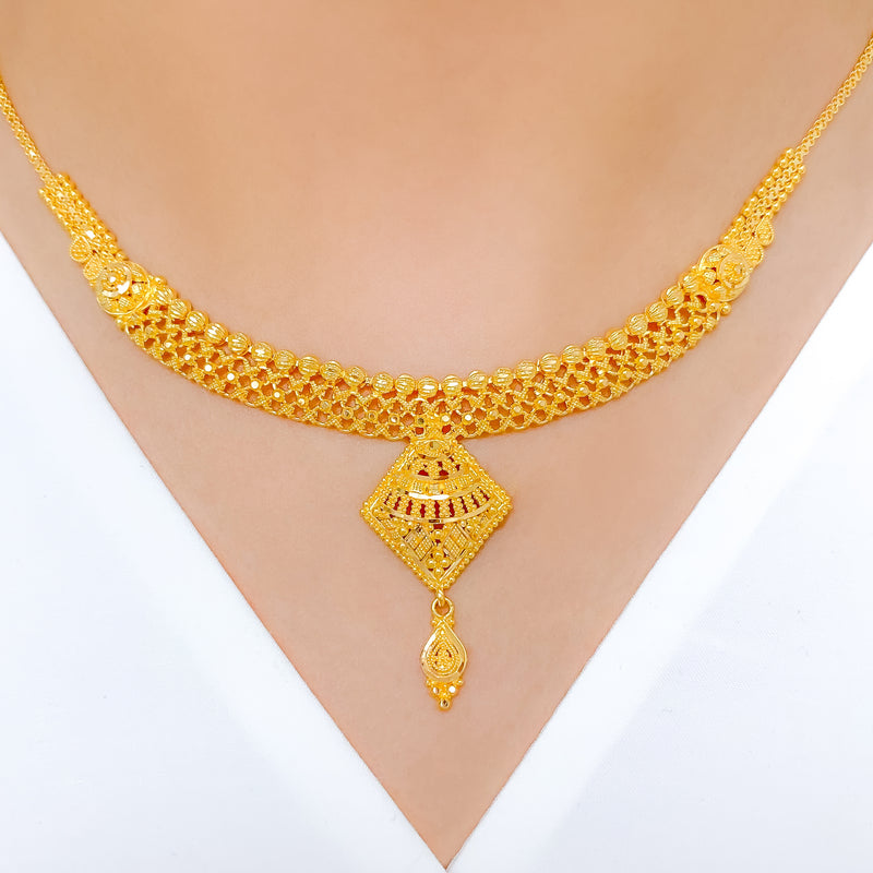 Diamond Shaped Lightweight 22k Gold Necklace Set