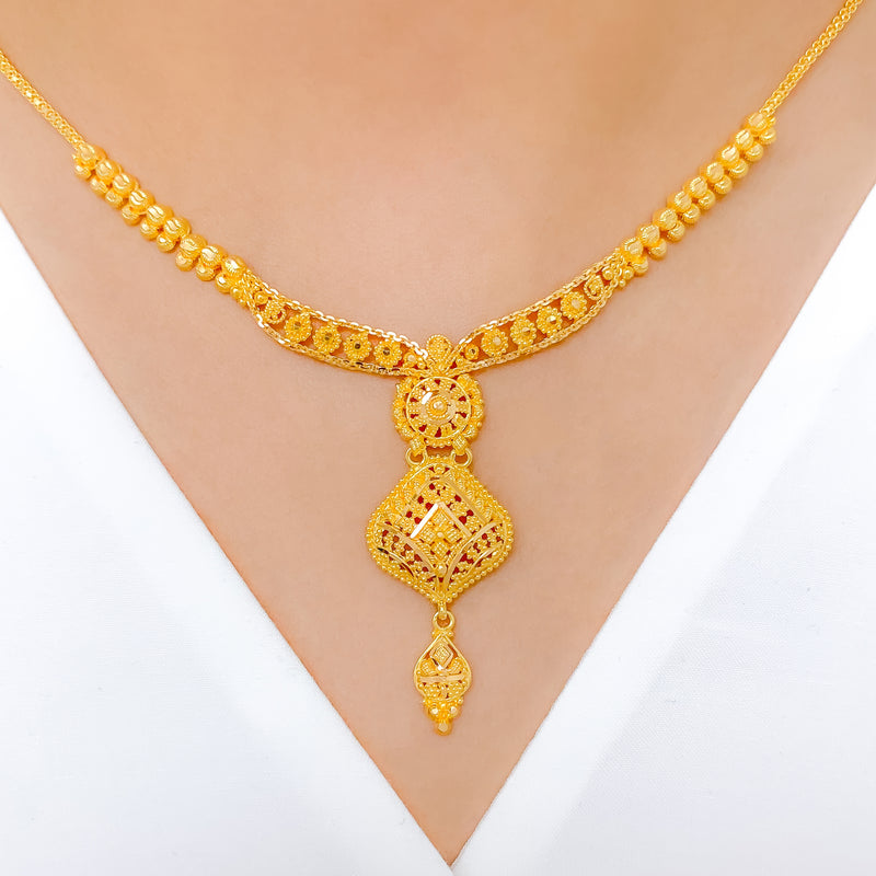 Beaded Floral Multi-Drop 22k Gold Necklace Set