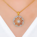 Ornate Flower Accented Diamond 18k Gold Pendant Set