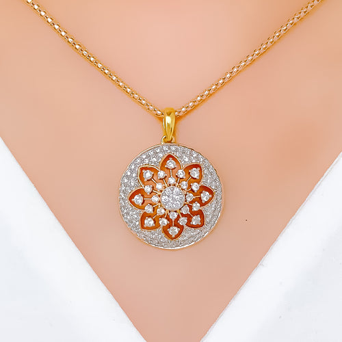 Ornate Flower Accented Diamond 18k Gold Pendant Set