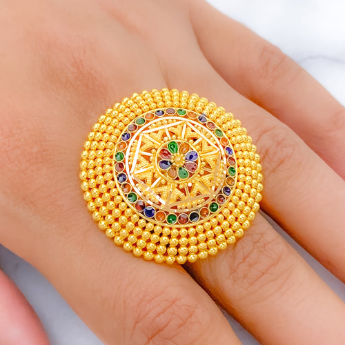 Geometric Beaded Meenakari 22k Gold Statement Ring