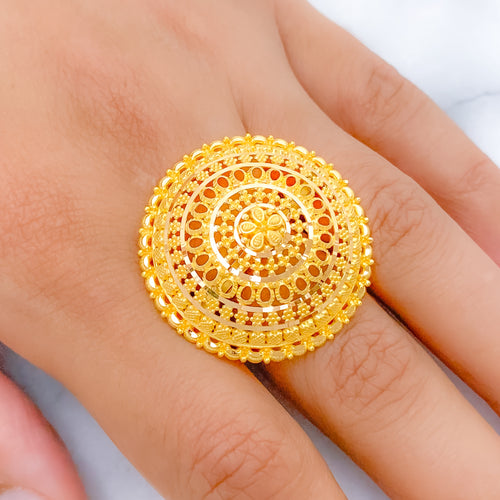 Posh Round Floral 22k Gold Dome Ring