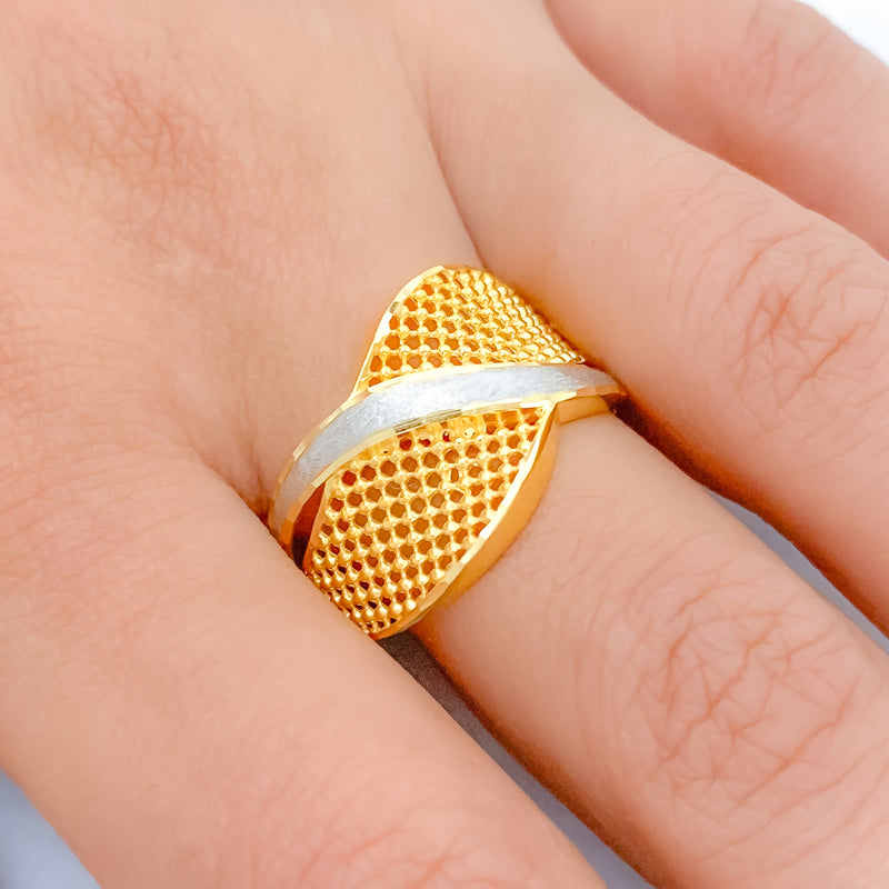 White Gold Accented Fancy Net 22k Gold Ring