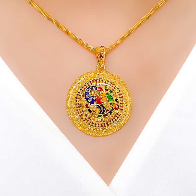 Round Meenakari Peacock Pendant 22k Gold Set