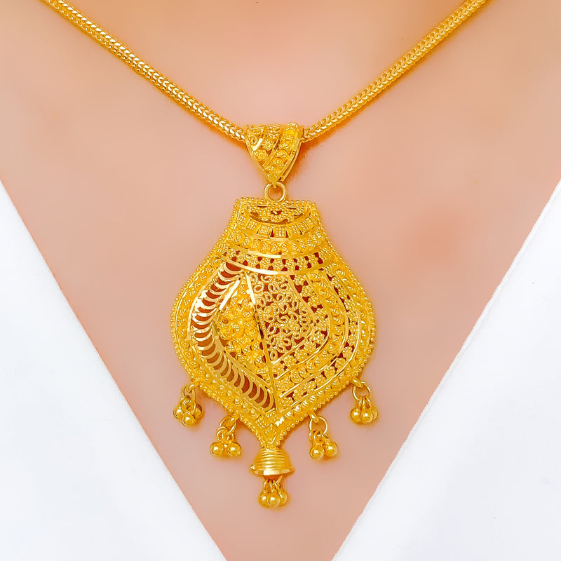 Upscale Asymmetrical Jali 22k Gold Pendant Set