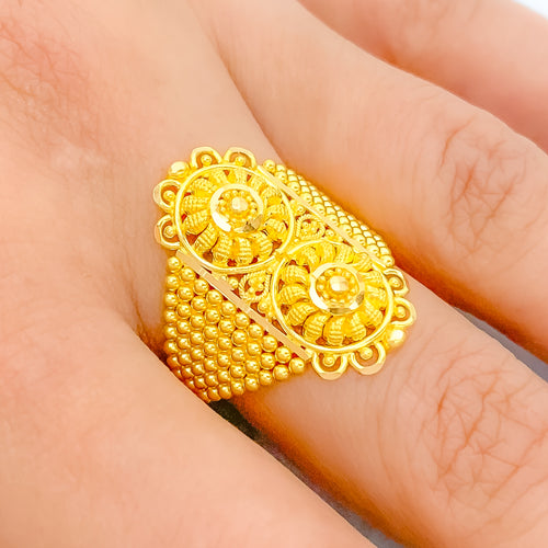 Posh Floral Beaded 22k Gold Ring