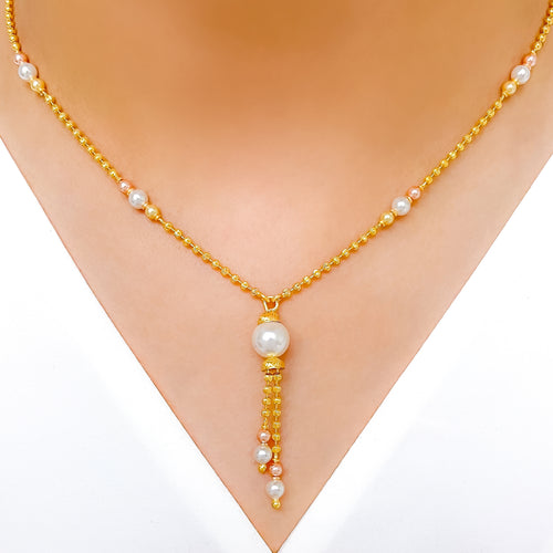 Evergreen White Pearl Tassel 22k Gold Necklace