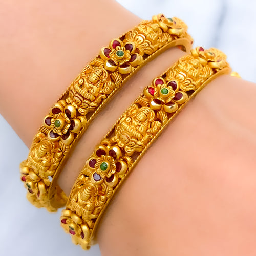 Vibrant Floral 22k Gold Lakshmi Bangles