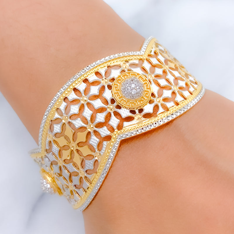 Trendy Two-Tone Wavy Floral 22k Gold Bangle