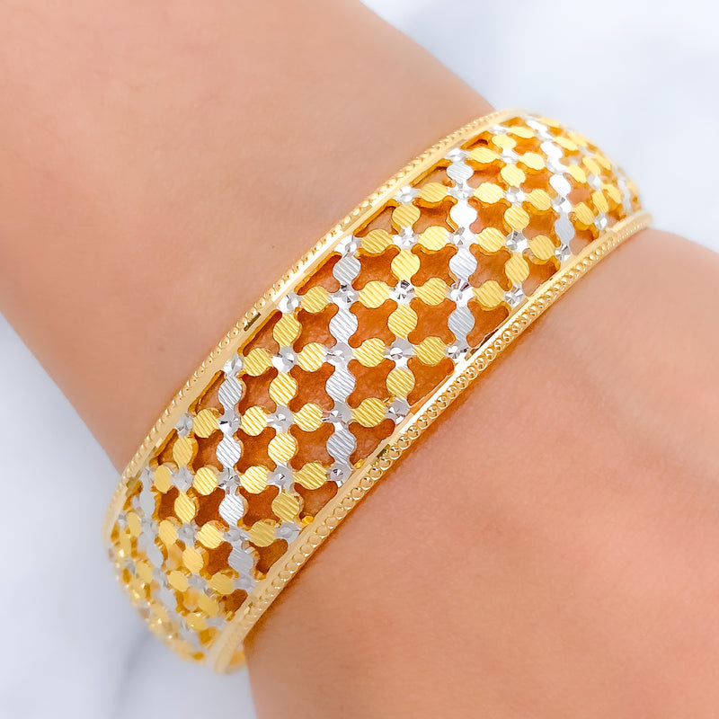 Etched Two-Tone Flower 22k Gold Bangle