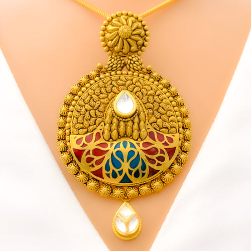 Royal Engraved Meenakari 22k Gold Pendant Set