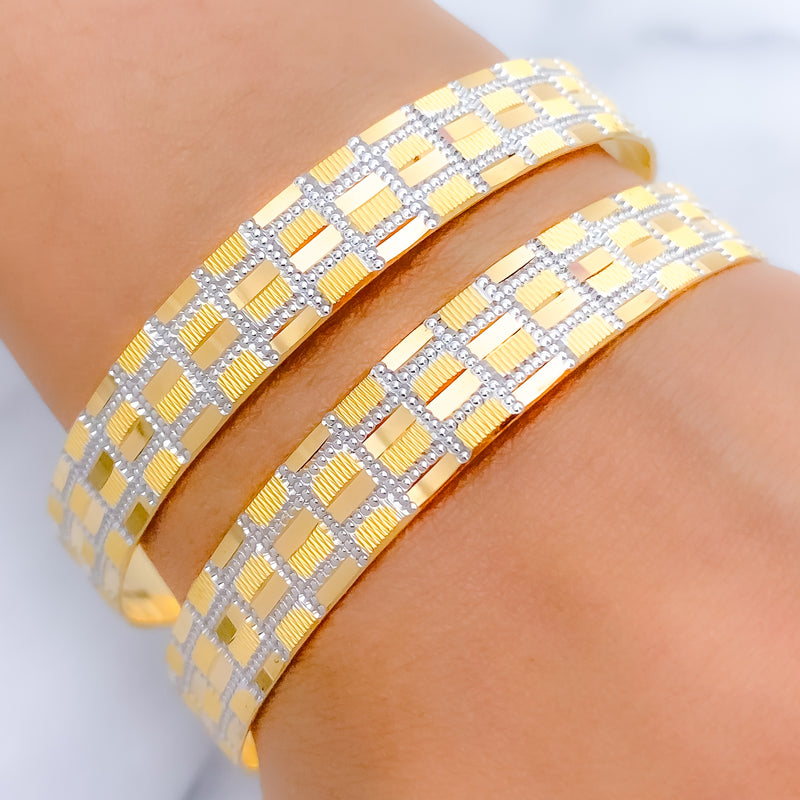 Sparkling Dual Finish Geometric 22k Gold Bangles