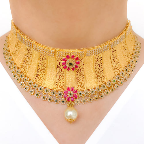 Chic Floral Pearl Drop 22k Gold Choker Set