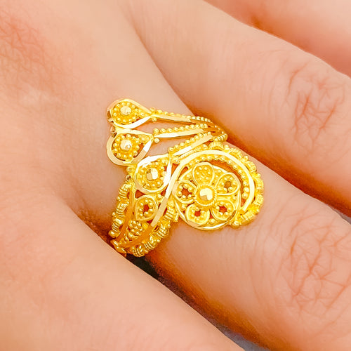 Ethereal Floral Feather 22k Gold Ring