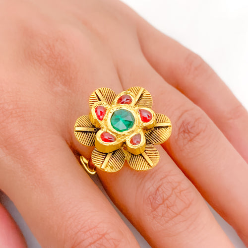 Oxidized Six Petals with Colored Kundan Ring